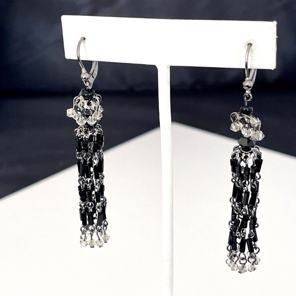 Vintage 1980s Erwin Pearl Tassel Earrings Black Clear Crystal Drop - 7H